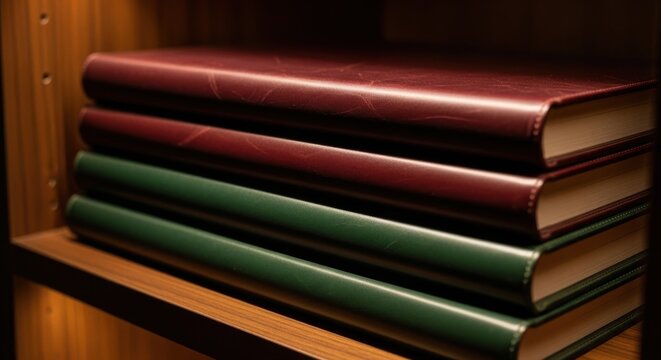 Stacked vintage leather-bound folio cases in deep burgundy and forest green colors on a wooden shelf