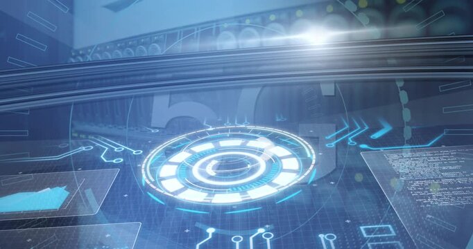 Animation of 5g text, round scanners and data processing over close up of a computer server