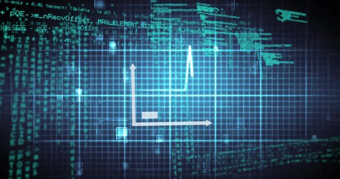Animation of bar graph icon and heart rate monitor against data processing on blue background