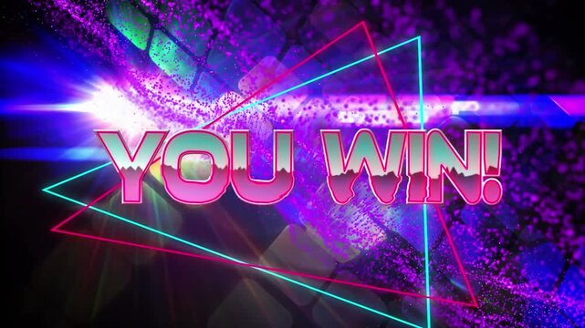 Animation of you win text over purple digital wave and purple square shapes against light spot
