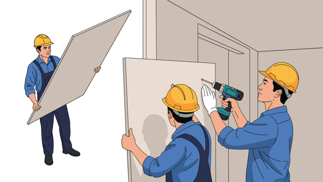 Professional construction workers in hard hats installing a drywall panel in a room using an electric drill during renovation.