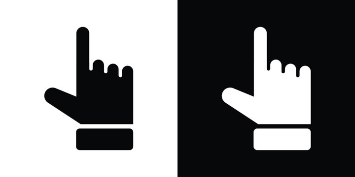 Minimalist black line art of index finger pointing up beside black square frame containing white inverted version. Clean vector duo for UI direction, selection, navigation icons in apps, websites. Sca