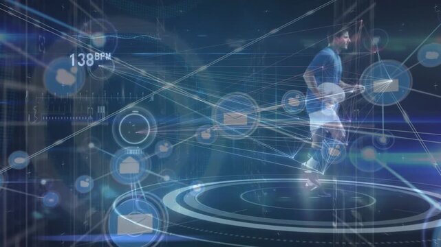 Animation of network of connections and data processing over rugby player