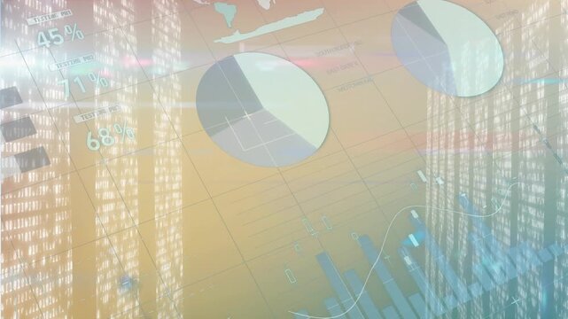 Animation of statistical data processing over screens with mosaic squares on gradient background