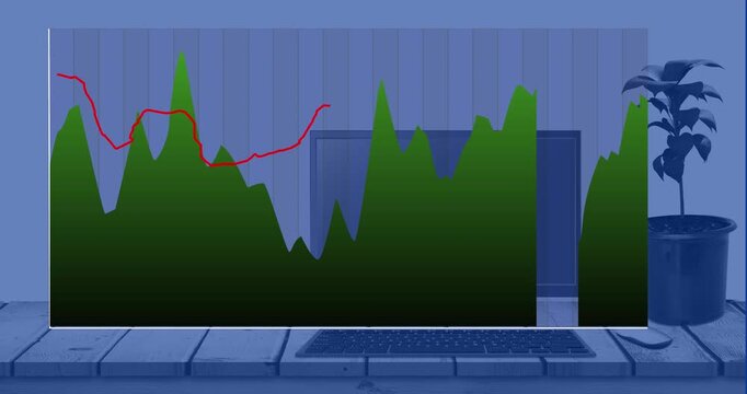 Animation of statistical data processing over 3d office desk model against blue background