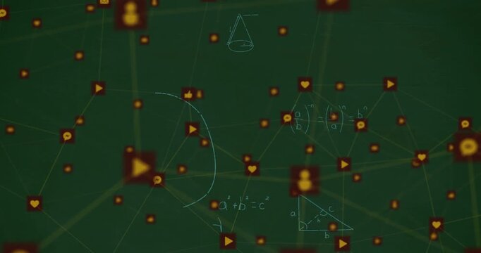 Animation of network of connections with icons over mathematical equations on green background