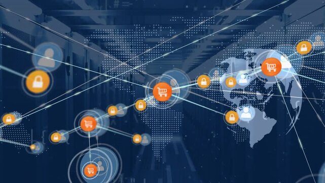 Animation of network of connections with icons and data processing over server room