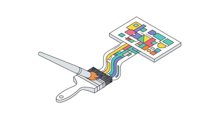 Fototapeta premium Isometric Illustration of Paintbrushes Creating Colorful Geometric Digital Art on a Screen, Concept of Graphic Design and Creative Process