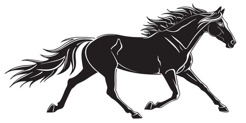 Dynamic black and white graphic design of a galloping horse with flowing mane and tail galloping silhouette illustration majestic equestrian isolated stylized movement strength © Roton