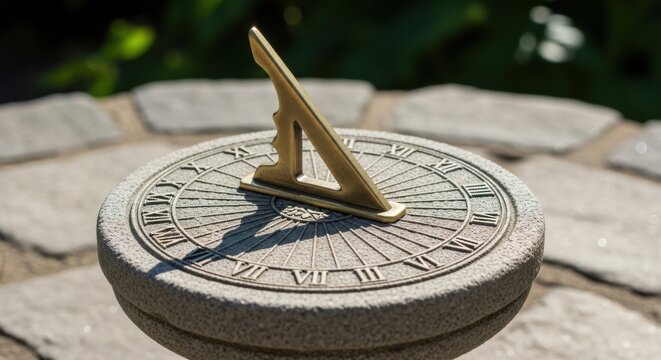 A meticulously crafted antique brass and stone sundial with Roman numerals indicating the passage of time in a garden setting.