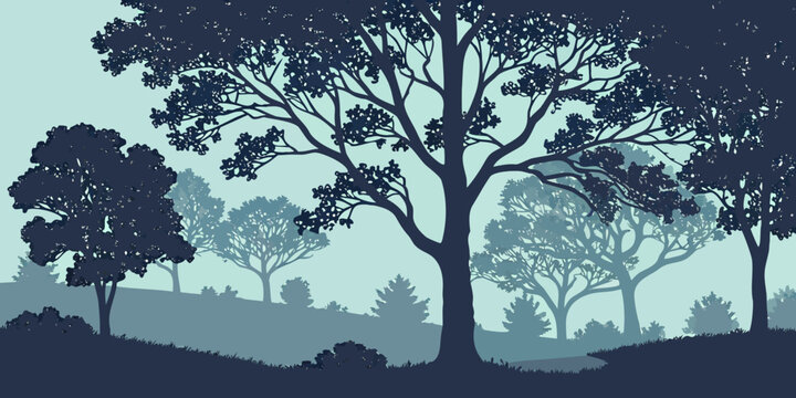Abstract layered silhouette of a forest landscape at dawn or dusk in blue and teal tones with landscape silhouette background twilight woodland environment tranquil artistic illustration