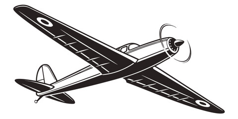 Vintage style silhouette of a propeller airplane flying with airplane propeller aircraft aviation silhouette aeronautics aeroplane transportation illustration monochrome traveler © Roton