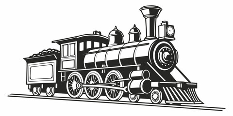 Detailed black and white vintage steam locomotive graphic icon on tracks with train travel engine wheels old fashioned transport vehicle public transit steam power iron horse smoke stack © Roton
