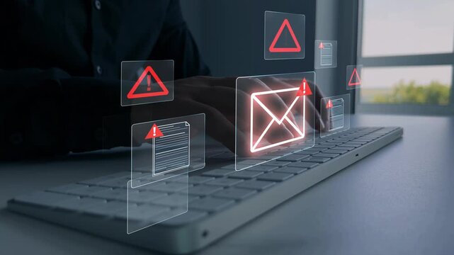 Email documents hacks, phishing attacks and virus alerts. Online fraud and cyber threats.Digital screen showing scam and spam emails.	
