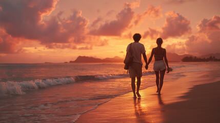 Fototapeta premium Romantic couple walking hand in hand on beach at sunset.