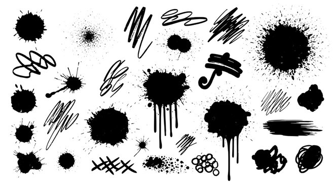 Inkblots hand drawn set with black grunge splatters and scribbles on white background featuring ink, stains, blotches with splashes and smudges