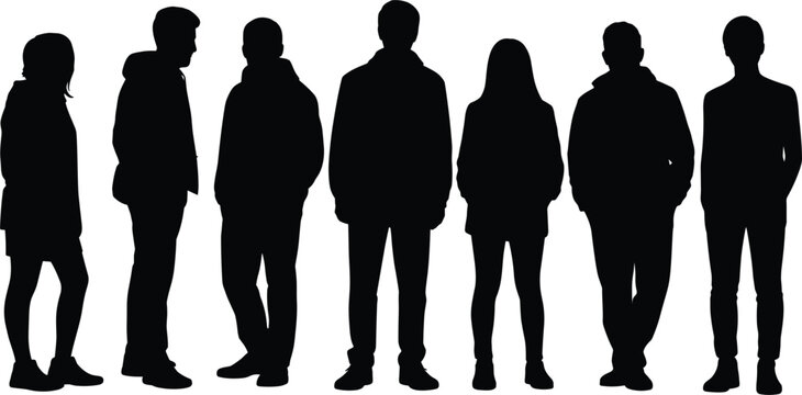 Collection of seven diverse human silhouettes in black standing in a row on white background Keywords: silhouette, people, group