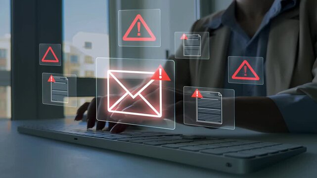 Email documents hacks, phishing attacks and virus alerts. Online fraud and cyber threats.Digital screen showing scam and spam emails.	
