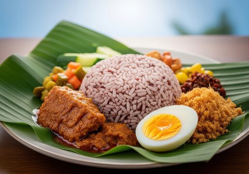 Nasi lemak with purple rice, egg, meat, and vegetables on banana leaf