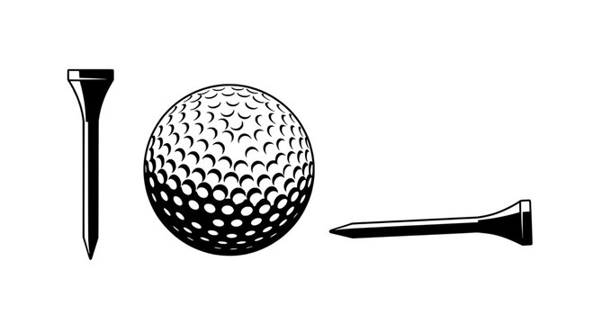Golf ball and tee set with black and white dimpled texture and golf spikes featuring sports, golfing, golfing gear with golfing tools and