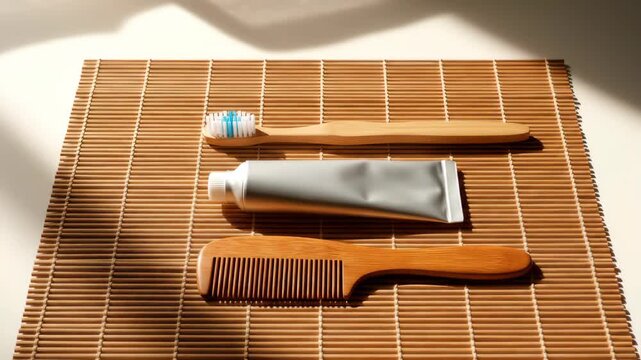 Bamboo Toothbrush and Comb with Toothpaste on Mat.