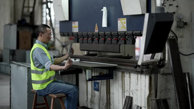 Worker operating a bending machine while inspecting a metal sheet in an industrial workshop