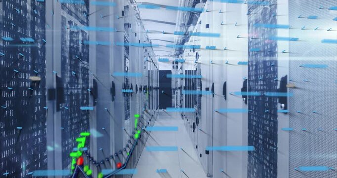 Blue data stream sending glowing bits, green red graphs overlaying server aisle visualizing data