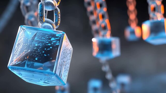 Visual representation of blockchain technology featuring floating blue cubes connected by chains in a digital environment