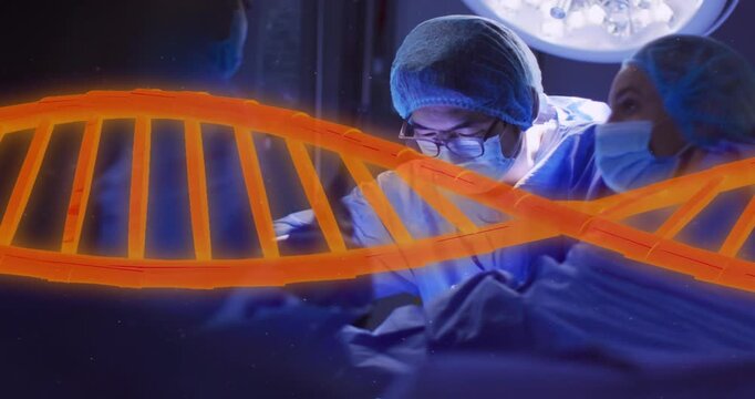 Chinese surgeon making incision under lamp initiating DNA helix animation sweeping for gene data