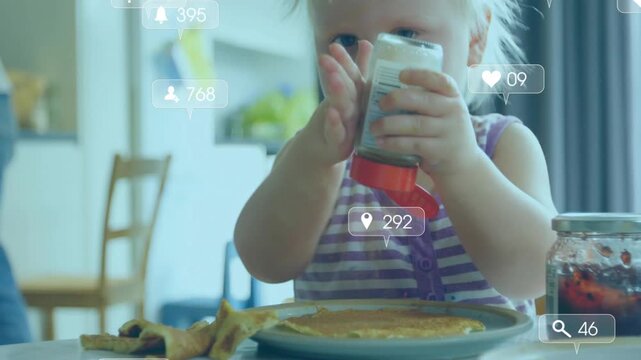 Child tipping powder jar onto pancake trying to sprinkle sweetener, mother off-camera noting health