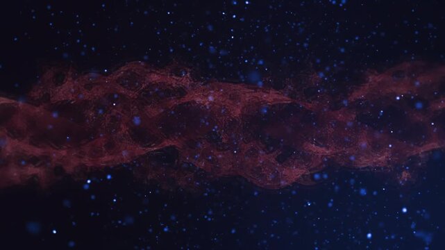Red smoke band drifting in from left, pulsing and fading while revealing blue particles in space
