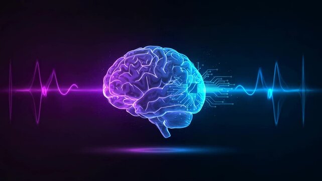 Digital human brain connected to computer chip. Artificial intelligence neural network interface. Futuristic medical technology and biotechnology science visualization.