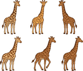 Obraz premium Cute Giraffe Cartoon Set with Different Poses and Patterns, African Safari Wildlife Animal Collection Vector Illustration for Kids, Education, and Nature Designs