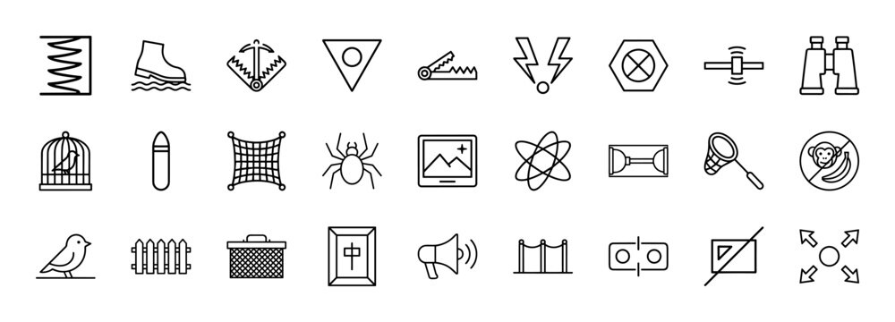 Minimalist security and hunting equipment line icon set