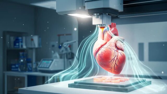 Biological printer creating a human heart. Innovative medical manufacturing of organ for transplant. Modern laboratory bioengineering and future of science technology.