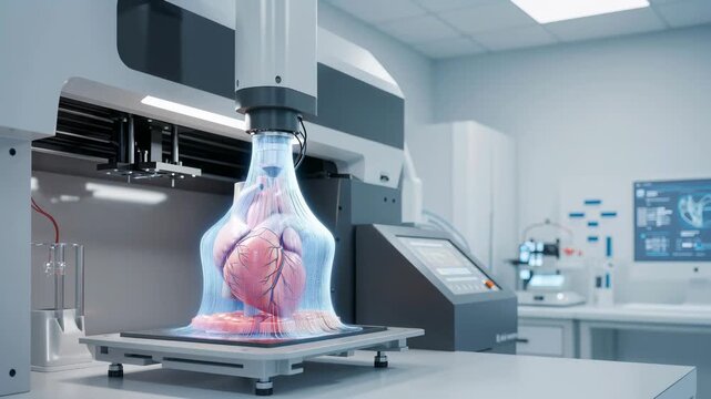 Bioprinting of human heart in laboratory. Robotic device creating artificial organ for transplantation. Biomedical engineering technology and medical innovation.