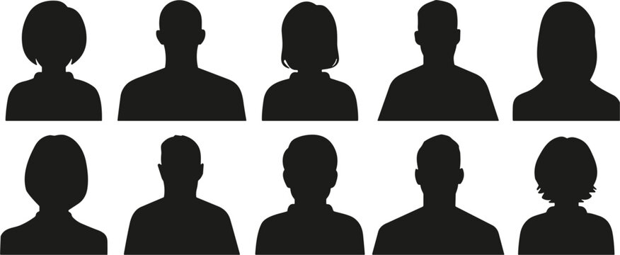 Set of diverse male and female head and shoulder silhouettes for profile pictures shoulders avatar