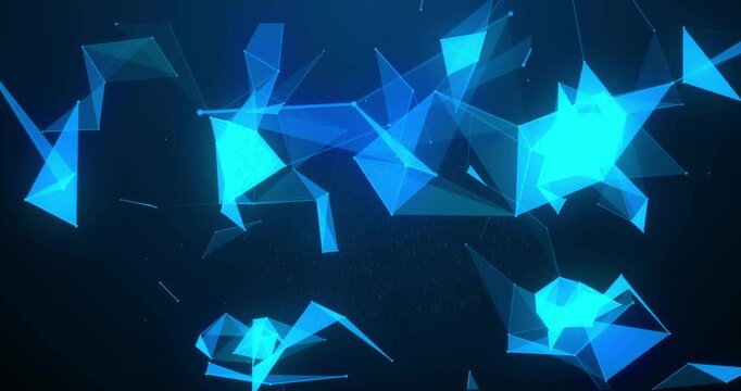 Blue poly network floating merging splitting particle halo sparking panels falling to show depth