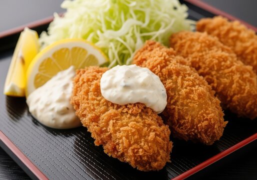 Deepfried oysters with tartar sauce and shredded cabbage