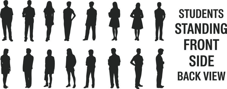 Silhouettes of students standing in front side and back views with text Keywords: students, silhouettes, standing, front view, side