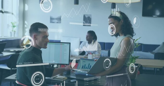 Woman coming opening laptop man using screen HUD charts showing data informing business decisions