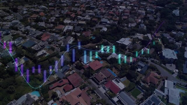 Drone pulling back over coastal area showing candles shifting toward ocean mapping property trends