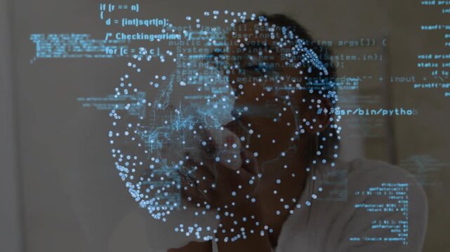 Woman blowing toward camera, creating holo sphere while code bands scrolling and showing data