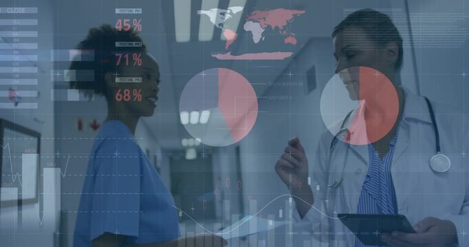 Doctor tapping tablet and pointing, nurse walking hall, animated medical charts updating care data