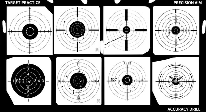 Targets practice set with precision aim and accuracy drill designs featuring black and white, marksmanship, bullseye with concentric circles and