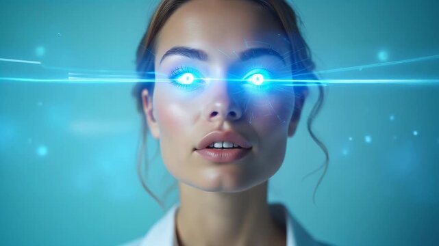 Woman with glowing high tech eyes showing cybernetic vision. Advanced medical bionic implant for eye surgery. Future ophthalmic technology and digital scanning.