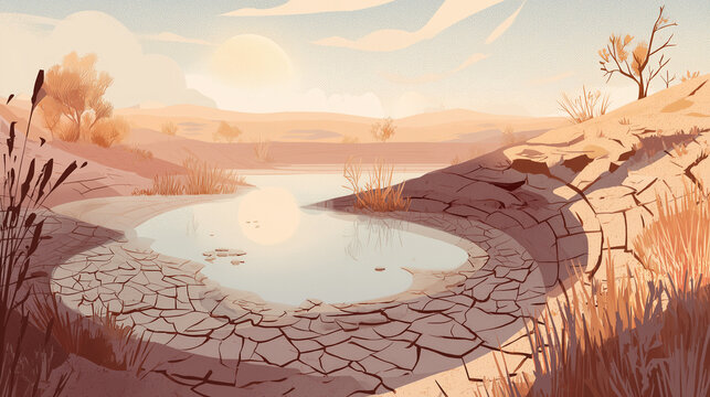 dry landscape illustration with cracked earth and small water puddle,
arid desert scene with a shrinking waterhole and sun reflection, climate change and water scarcity concept 