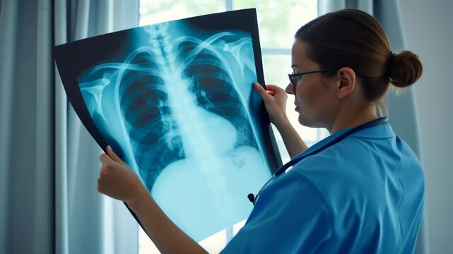 Doctor examines chest x-ray film in clinic. Woman physician evaluating patient lung scan for diagnostic medical assessment. Healthcare professional in hospital office.
