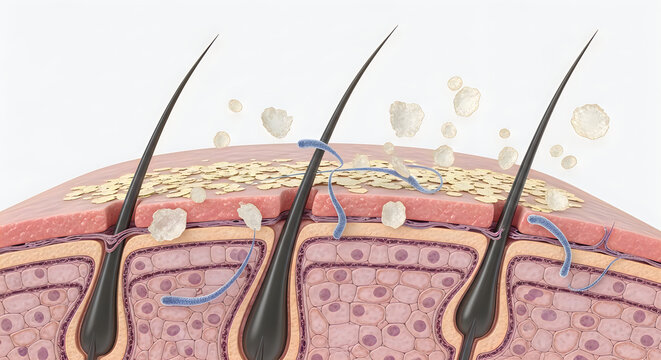 Close-up 3d render of human hair follicles and skin cells, detailed medical illustration of hair growth and dermis structure
