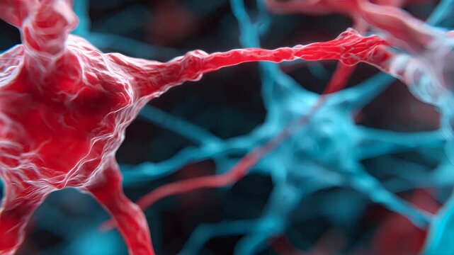 Neurons transmitting electrical impulses. Close-up view of brain cell activity and synaptic connection. Scientific visualization of neural network communication.